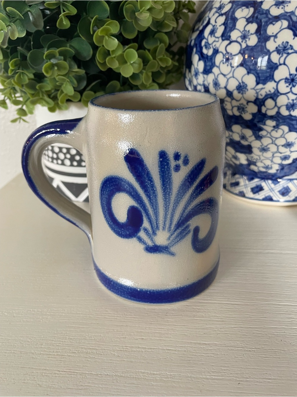 Vintage German salt-glazed stoneware beer mug blue glaze